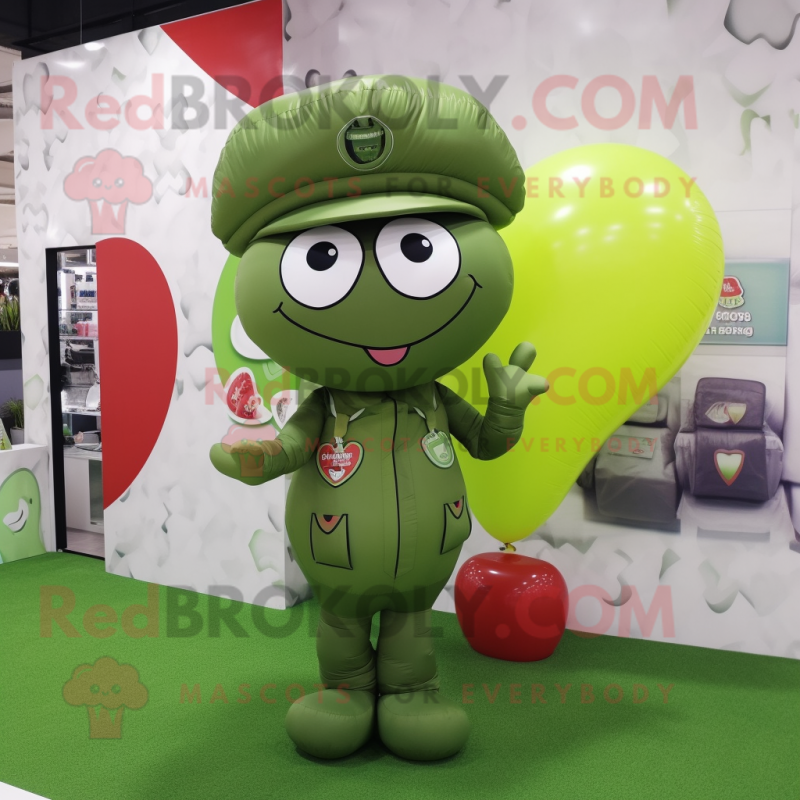 Olive Heart Shaped Balloons mascot costume character dressed with a Cover-up and Caps Olive Heart Shaped Balloons mascot costume character dressed with a Cover-up and Caps