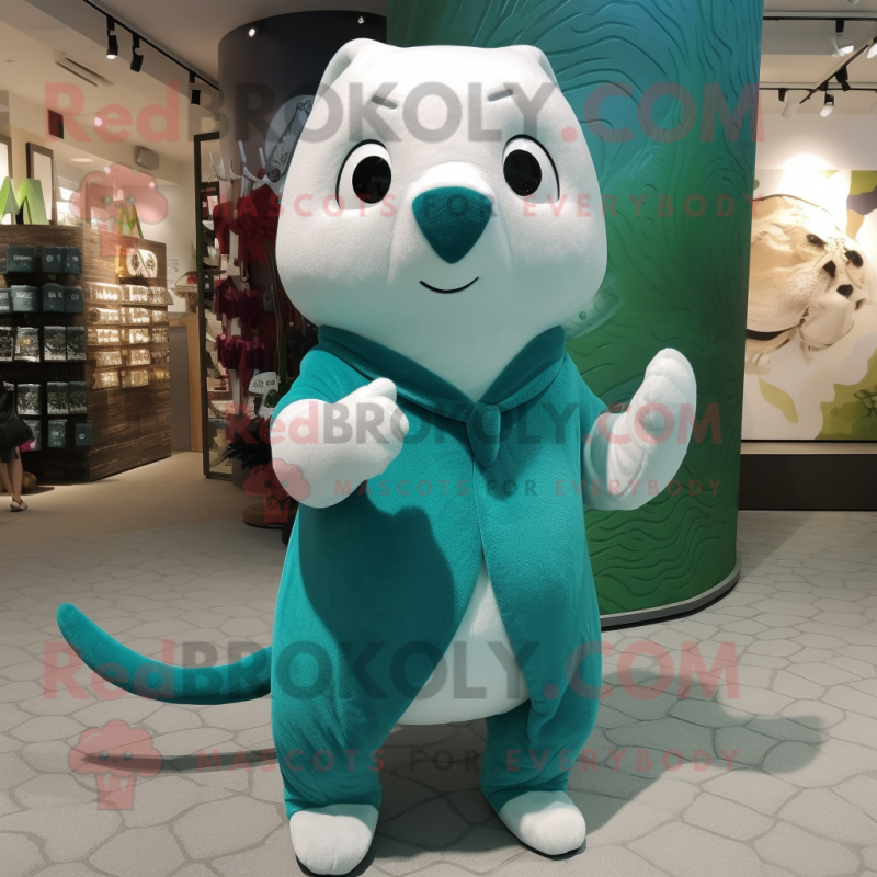 Teal Ermine mascot costume character dressed with a Jumpsuit and Shawl pins