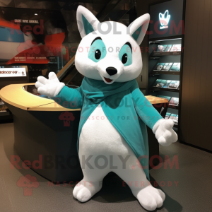 Teal Ermine mascot costume character dressed with a Jumpsuit and Shawl pins