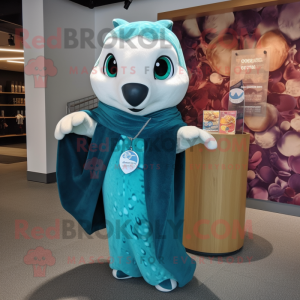 Teal Ermine mascot costume character dressed with a Jumpsuit and Shawl pins