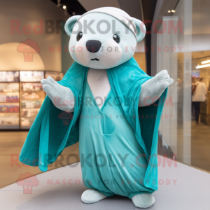 Teal Ermine mascot costume character dressed with a Jumpsuit and Shawl pins
