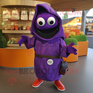 Purple Paella mascot costume character dressed with a Hoodie and Tote bags