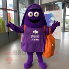 Purple Paella mascot costume character dressed with a Hoodie and Tote bags