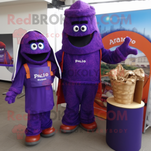 Purple Paella mascot costume character dressed with a Hoodie and Tote bags