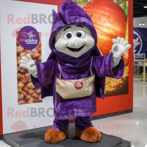 Purple Paella mascot costume character dressed with a Hoodie and Tote bags