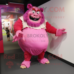 Pink Ogre mascot costume character dressed with a A-Line Skirt and Foot pads