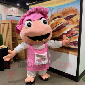 Pink Pulled Pork Sandwich mascot costume character dressed with a Romper and Wraps