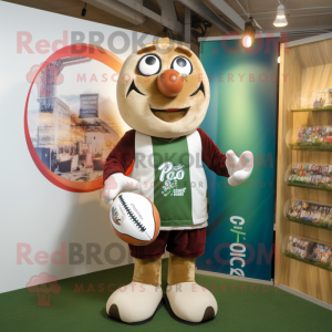 Olive Goulash mascot costume character dressed with a Rugby Shirt and Scarves