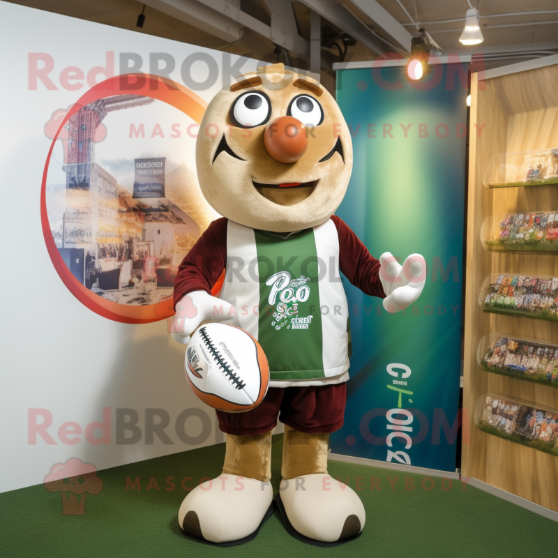 Olive Goulash mascot costume character dressed with a Rugby Shirt and Scarves Olive Goulash mascot costume character dressed with a Rugby Shirt and Scarves