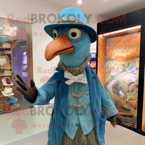 Cyan Guinea Fowl mascot costume character dressed with a Vest and Hat pins