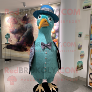 Cyan Guinea Fowl mascot costume character dressed with a Vest and Hat pins