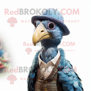 Cyan Guinea Fowl mascot costume character dressed with a Vest and Hat pins