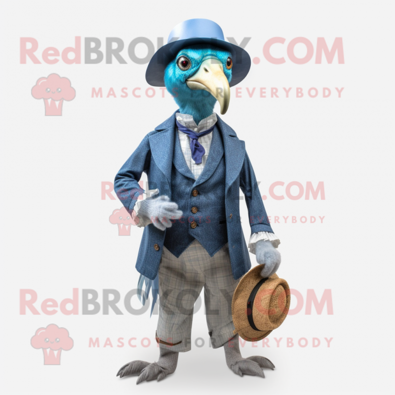 Cyan Guinea Fowl mascot costume character dressed with a Vest and Hat pins