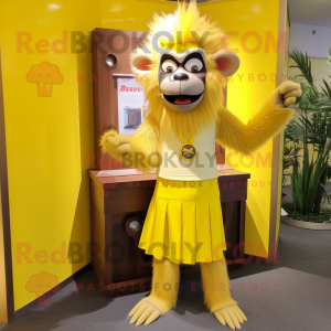 Lemon Yellow Baboon mascot costume character dressed with a Sheath Dress and Hair clips