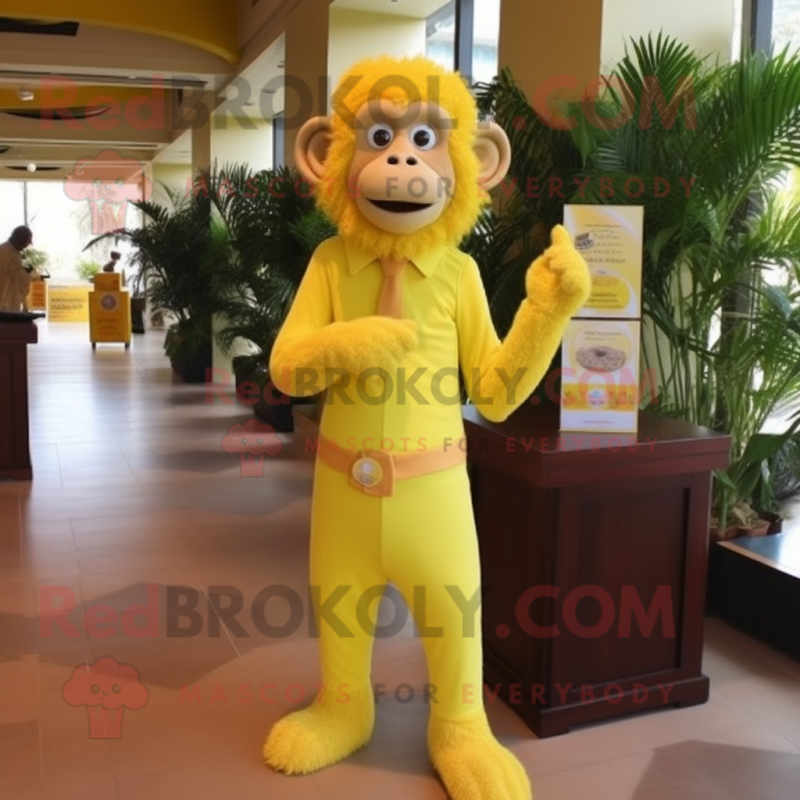 Lemon Yellow Baboon mascot costume character dressed with a Sheath Dress and Hair clips