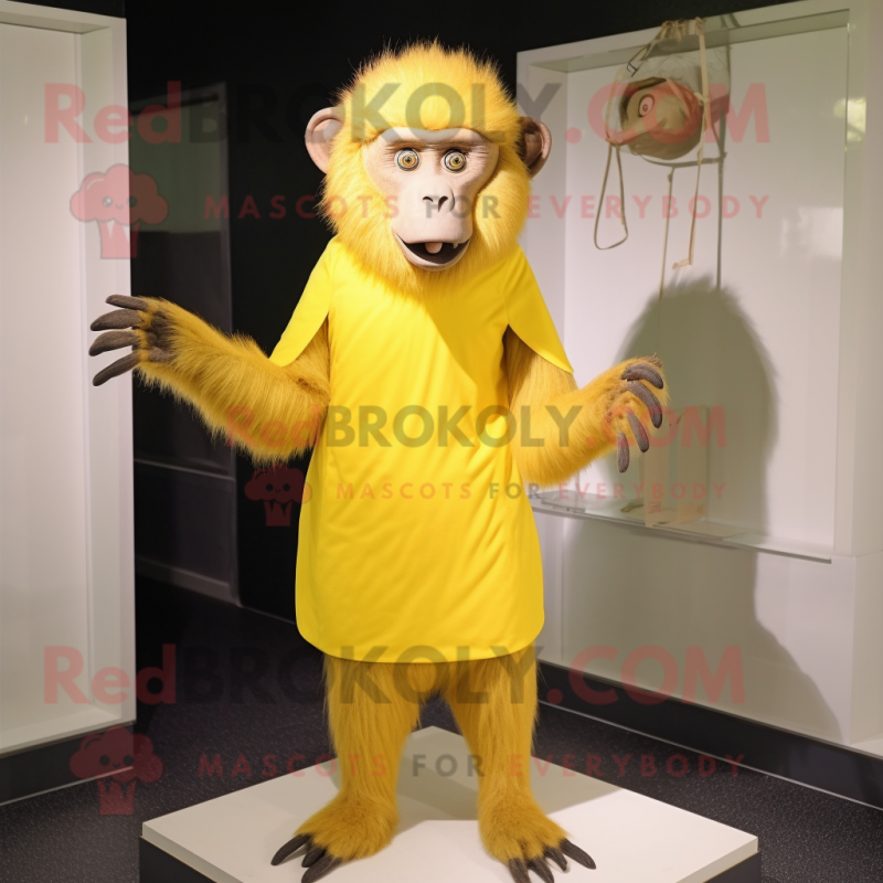 Lemon Yellow Baboon mascot costume character dressed with a Sheath Dress and Hair clips