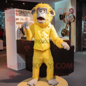 Lemon Yellow Baboon mascot costume character dressed with a Sheath Dress and Hair clips