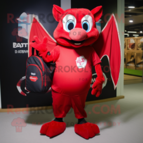 Red Bat mascot costume character dressed with a Cover-up and Messenger bags