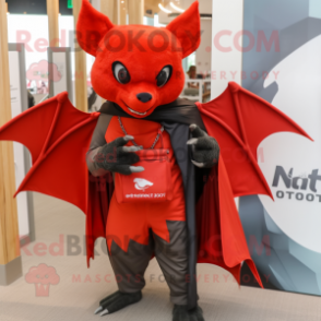 Red Bat mascot costume character dressed with a Cover-up and Messenger bags