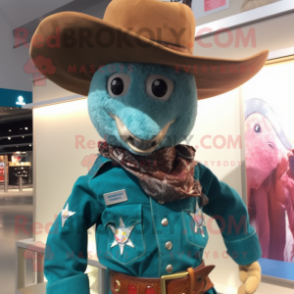 Teal Cowboy mascot costume character dressed with a Jacket and Hairpins