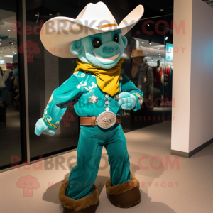 Teal Cowboy mascot costume character dressed with a Jacket and Hairpins