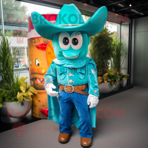 Teal Cowboy mascot costume character dressed with a Jacket and Hairpins