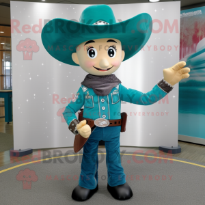 Teal Cowboy mascot costume character dressed with a Jacket and Hairpins