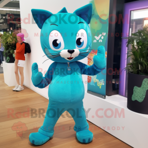Teal Cat mascot costume character dressed with a Leggings and Headbands
