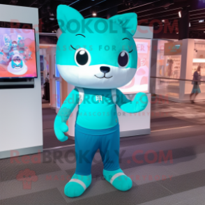 Teal Cat mascot costume character dressed with a Leggings and Headbands