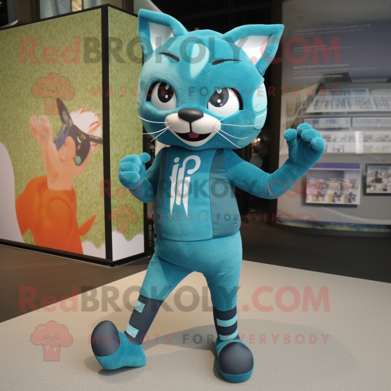 Teal Cat mascot costume character dressed with a Leggings and Headbands