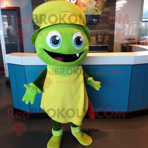 Lime Green Fish Tacos mascot costume character dressed with a Dress and Caps