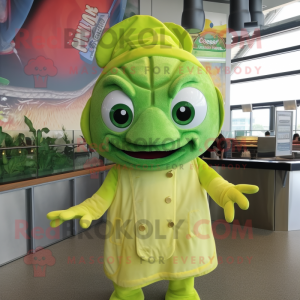 Lime Green Fish Tacos mascot costume character dressed with a Dress and Caps