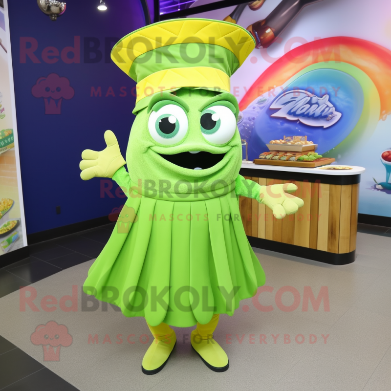 Lime Green Fish Tacos mascot costume character dressed with a Dress and Caps Lime Green Fish Tacos mascot costume character dressed with a Dress and Caps