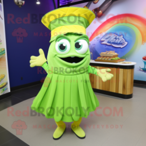 Lime Green Fish Tacos mascot costume character dressed with a Dress and Caps