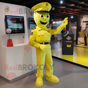 Lemon Yellow Soldier mascot costume character dressed with a Button-Up Shirt and Anklets