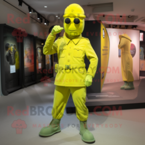 Lemon Yellow Soldier mascot costume character dressed with a Button-Up Shirt and Anklets