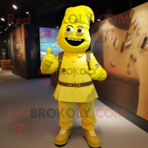 Lemon Yellow Soldier mascot costume character dressed with a Button-Up Shirt and Anklets