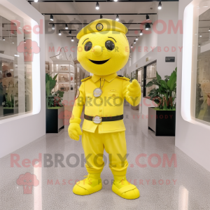 Lemon Yellow Soldier mascot costume character dressed with a Button-Up Shirt and Anklets