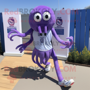 Lavender Kraken mascot costume character dressed with a Running Shorts and Shoe clips
