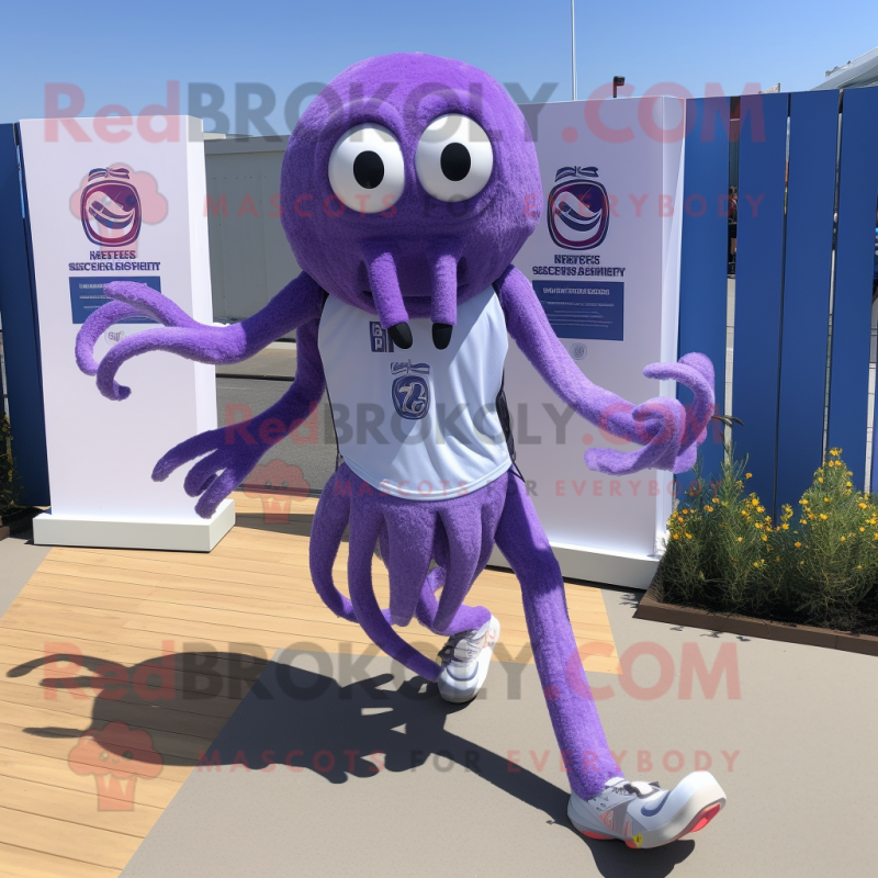 Lavender Kraken mascot costume character dressed with a Running Shorts and Shoe clips