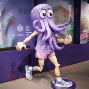 Lavender Kraken mascot costume character dressed with a Running Shorts and Shoe clips