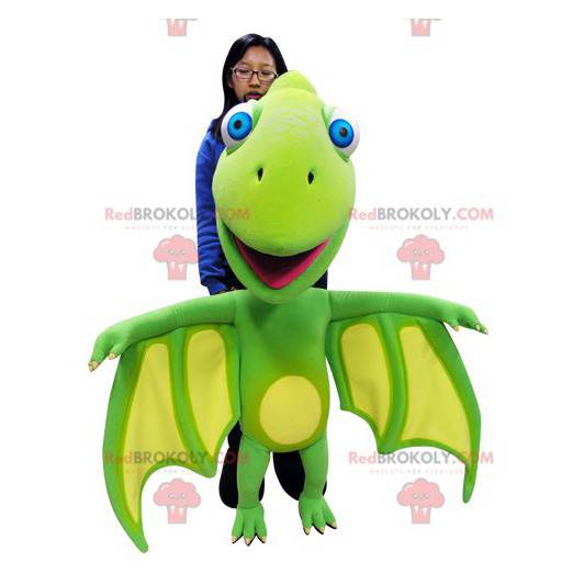 Mascota dragón verde y amarillo con alas grandes -