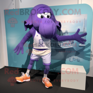 Lavender Kraken mascot costume character dressed with a Running Shorts and Shoe clips