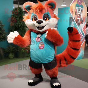 Teal Red Panda mascot costume character dressed with a Tank Top and Bracelets