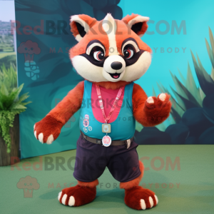 Teal Red Panda mascot costume character dressed with a Tank Top and Bracelets