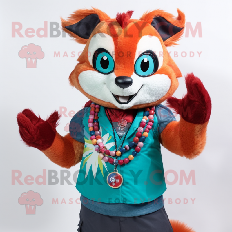 Teal Red Panda mascot costume character dressed with a Tank Top and Bracelets