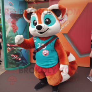 Teal Red Panda mascot costume character dressed with a Tank Top and Bracelets