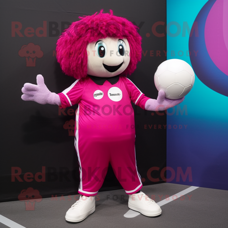Magenta Handball Ball mascot costume character dressed with a Dress Pants and Mittens Magenta Handball Ball mascot costume character dressed with a Dress Pants and Mittens