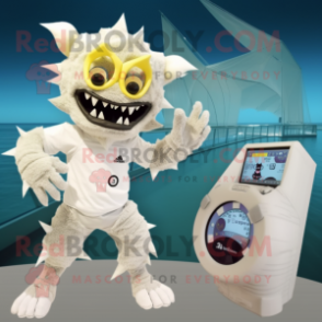 Cream Gargoyle mascot costume character dressed with a One-Piece Swimsuit and Digital watches