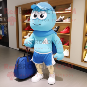 Sky Blue Spinach mascot costume character dressed with a Board Shorts and Handbags